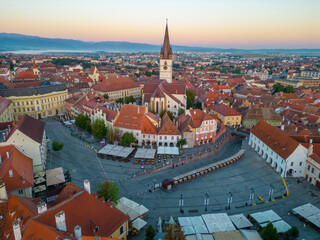 Poster - Sunrise panorama of Piata Mica in Sibiu, Romania