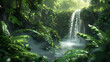 A cascading waterfall surrounded by lush foliage in a serene forest.