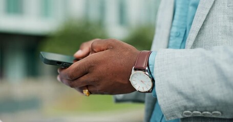 Poster - phone, search and hands of businessman in a city with web conversation, chat or b2b networking close