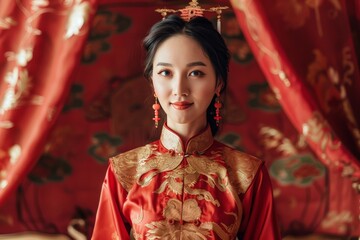 Wall Mural - Elegant Asian Woman in Traditional Red Cheongsam. Generative AI.