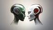 Heads of two identical green and red cyborgs facing each other. Futuristic robotic beings or aliens. Concepts of artificial intelligence, technology.