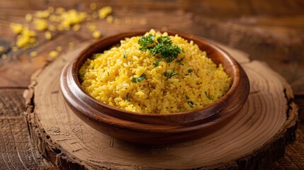 Delicious farofa of loose rice seasoned and served in a traditional way on a plate on the rustic wooden board.