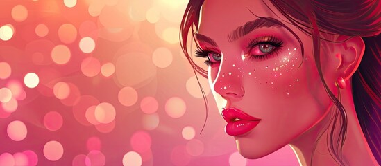 Wall Mural - A closeup shot capturing a womans face with red lips, pink cheeks, and expressive eyes. Her eyelashes are prominent, and the flash photography creates a vibrant pink background