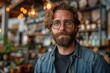 A relaxed, bearded man in glasses and denim poses in a creative artisanal shop environment