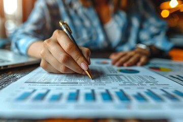 Poster - A focused shot of a person's hand holding a pen on datasheets, symbols of analysis and in-depth research in business