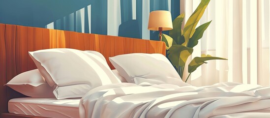 Wall Mural - A cozy bedroom in a house furnished with a bed, pillows, a lamp, and a plant, creating a serene interior design