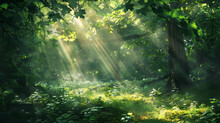 Sunlight Streaming Through The Leaves Of A Dense Forest, Casting Dappled Shadows On The Ground.