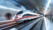 high-speed train in motion, blurring the platform and surroundings, emphasizing speed and modern transportation