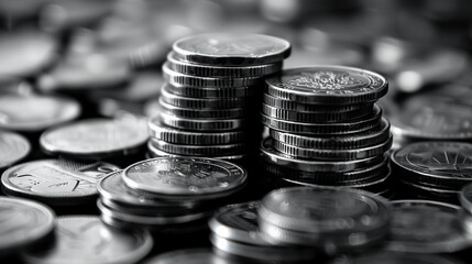 A pile of silver coins with a black background. AI.