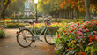 A charming bicycle parked near a blooming flowerbed in a park.