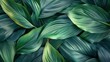 A beautiful close-up of lush green tropical leaves, creating a fresh and serene pattern with an organic and vibrant feel