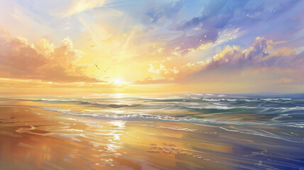 Sticker - The peaceful tranquility of a beach scene under the warm glow of a sunny sky.