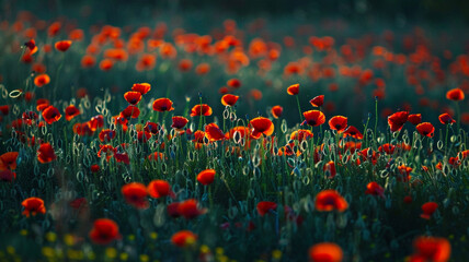 Wall Mural - A vibrant field of poppies creating a burst of color in the countryside.