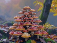 A Large Group Of Red And Yellow Mushrooms Are Growing On A Rock. The Mushrooms Are Arranged In A Pyramid Shape, With The Largest Mushroom At The Top And The Smallest At The Bottom