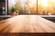 Empty wooden table with a blurred kitchen background