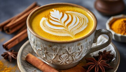 Wall Mural - An artistic composition featuring a beautifully crafted turmeric latte served in a ceramic