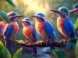 Four birds are perched on a branch, with one of them having a blue beak. The birds are all different colors, with one being red and the others being blue. The scene is peaceful and serene