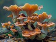 A cluster of orange mushrooms growing on a rock. The mushrooms are large and have a fuzzy texture. The image has a natural and earthy feel to it, with the mushrooms blending in with their surroundings