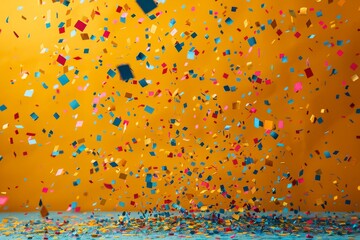 Poster - Bright yellow backdrop filled with fluttering pieces of red, blue, and yellow confetti, symbolizing festivity or achievement