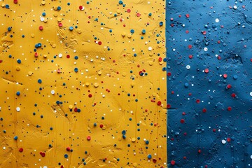 Poster - Dynamic contrast of yellow and blue painted texture with scattered confetti evoking creativity and celebration