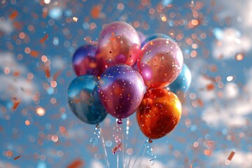 Poster - A festive arrangement of helium balloons with sparkling gold confetti against a bright blue backdrop, suggesting celebration and joy