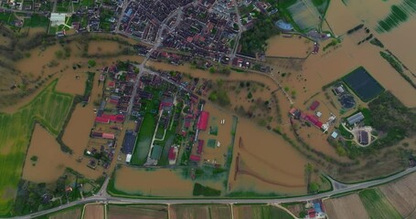 Aerial view of the floods in the France. Yonne river in flood. Natural disaster. Water flooded a city in french department. Chablis town flooded. Spring flood in France