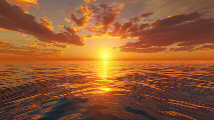 Wall Mural - A vibrant sunset casting a warm golden glow over a tranquil ocean horizon.