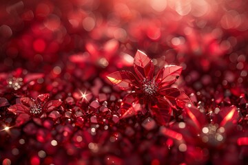 Poster - Close-up of glistening red flowers with a soft blurred bokeh effect, creating a romantic and dreamy atmosphere