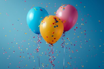 Poster - Three vibrant balloons with red ribbons among falling colorful confetti against a solid blue backdrop