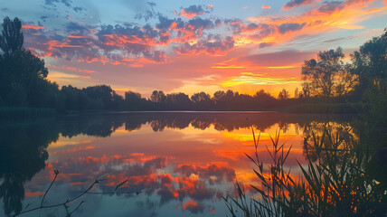 Sticker - A serene lake reflecting the vibrant hues of a fiery summer sunset.