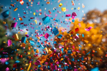 Poster - High-energy image featuring vibrant confetti pieces suspended in the air, embodying celebration and joy in a festive atmosphere