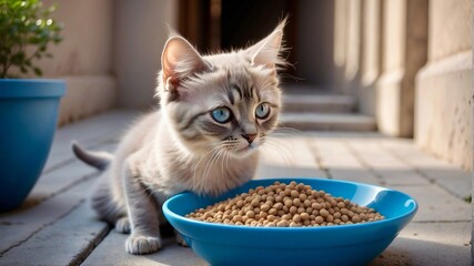 Wall Mural - The cat eats from a bowl