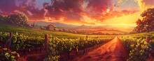 Vineyard Farm At Sunset, Beautiful Rural Landscape, Panoramic View, Illustration Generated Ai