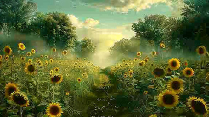 Wall Mural - A tranquil path through a sunflower maze with tall sunflowers on both sides.