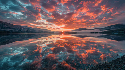 Sticker - A mesmerizing sunset reflecting on the glassy surface of a calm lake.