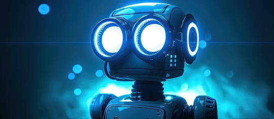 Poster - An automotive lighting robot with glowing electric blue eyes stands in a dark room. The darkness is illuminated by the robots eyes, creating a futuristic and eerie atmosphere