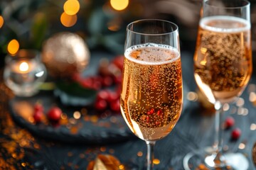Poster - Two glasses of sparkling champagne among holiday decorations and ambient lighting represent celebration and luxury