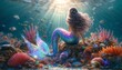 Beautiful Mermaid with Iridescent Tail Amidst Coral Reef and Marine Life - Fantasy 4K Wallpaper