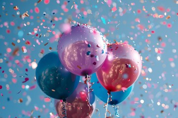 Poster - A festive image capturing vibrant balloons floating with a flurry of multicolored confetti against a bright blue sky background