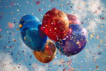 Poster - Vivid image featuring a close-up of shiny balloons surrounded by cascading confetti, highlighting the festive atmosphere