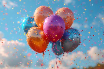 Wall Mural - an uplifting image depicting balloons with colorful specks of confetti soaring into the blue sky, de