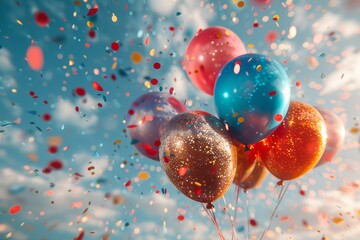 Poster - Vibrant balloons floating upwards with glimmering confetti in a joyous celebration atmosphere against a clear sky