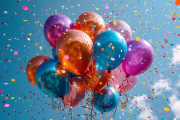 Poster - A jubilant cluster of shiny colored balloons with confetti in the sky symbolizing celebration and happiness