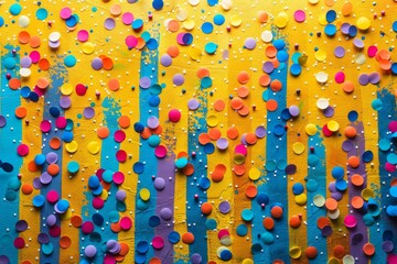 Poster - Bright and lively photographed lines of multicolored confetti on a yellow textured background, depicting joy and festivity