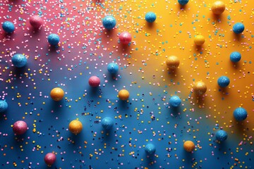 Poster - Vibrant colored spheres and a rain of confetti create a joyful and festive mood on a gradient blue to pink background