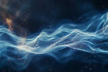 Poster - The image illustrates cool blue waves undulating gracefully, adorned with sparkling particles, suggesting a tranquil and serene digital space