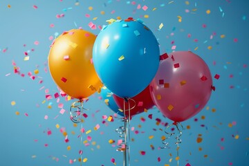 Wall Mural - pink, yellow, and blue balloons with a joyous burst of confetti in the air, set against a vivid blue