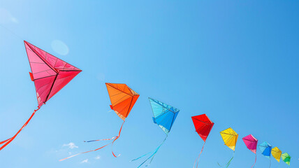 Wall Mural - A colorful row of kites flying high in the clear summer sky.