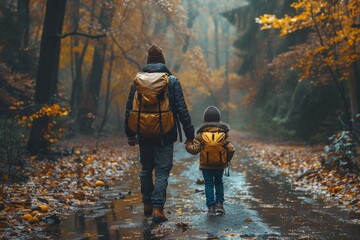 Wall Mural - A serene image capturing the bond between a father and son walking together through a misty autumnal forest