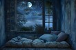 Midnight Reverie:Pillows Beckon in a Dreamlike Cabin Window Overlooking a Moonlit Landscape